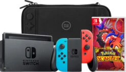 Nintendo Switch Rood/Blauw + Pokemon Scarlet + BlueBuilt Beschermhoes