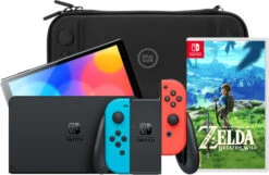 Nintendo Switch OLED Rood/Blauw + Zelda: Breath Of The Wild + Bluebuilt Beschermhoes