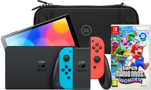 Nintendo Switch OLED Rood/Blauw + Super Mario Bros. Wonder + BlueBuilt Beschermhoes 3 Nintendo Switch OLED Rood/Blauw + Super Mario Bros. Wonder + BlueBuilt Beschermhoes